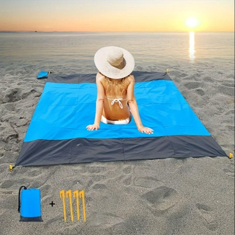 210x200cm Lomme Strandteppe Sammenleggbar Sandstrandmatte Campingmatte for Utendørs Camping Reise