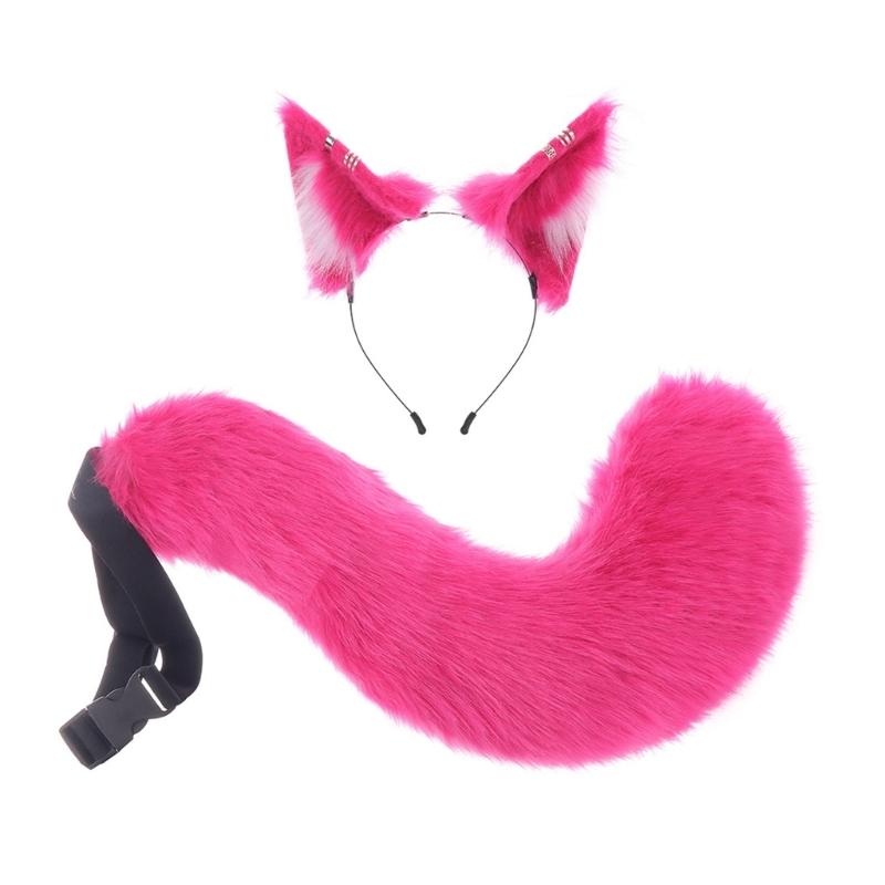 A52E Cats Wolf Foxes Ears Headband Furry Foxes Tail Plush Animal Ear Headband Tail