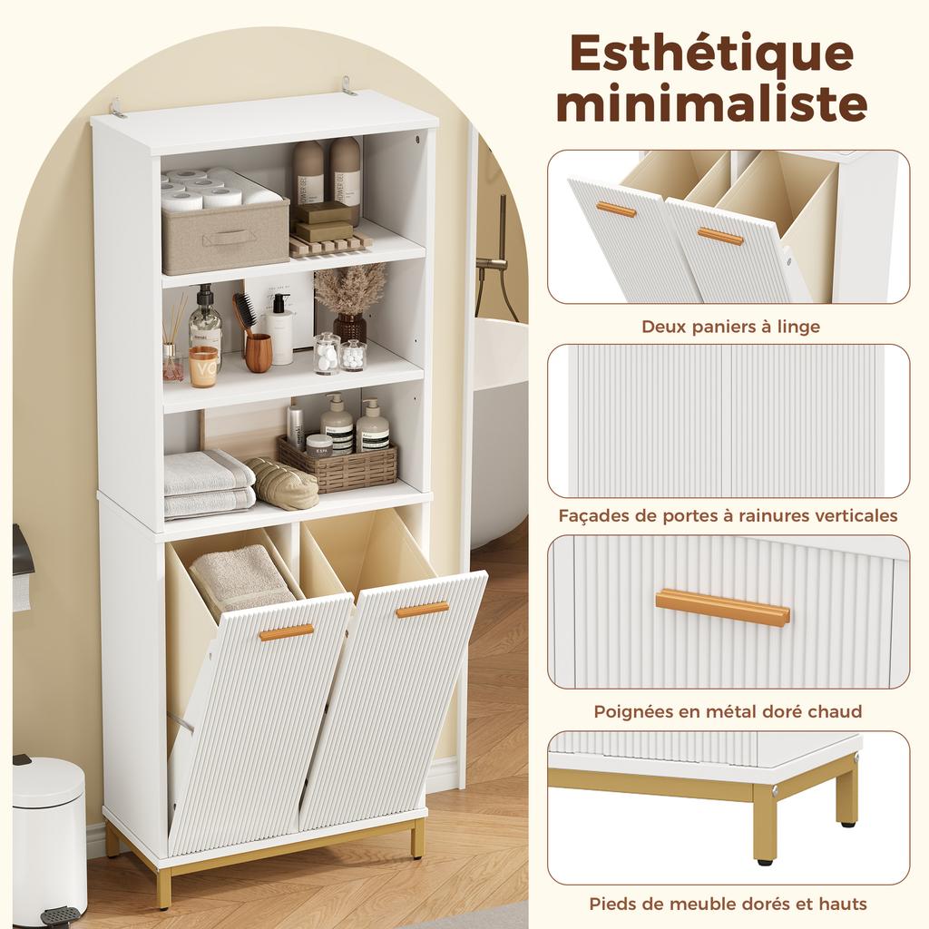 65×32×170 cm, Bathroom Cabinet made of MDF, 3 Open Shelves, Adjustable Shelves, 2 Tilt-Out Laundry Bins, Fluted Lacquered Doors, Gold Handles, White.