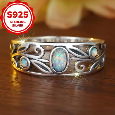 Pierścień z pustym kwiatowym opalem ze srebra próby 925 dla kobiet, spersonalizowany, boho, vintage, etniczny styl, prezent na przyjęcie, akcesoria
