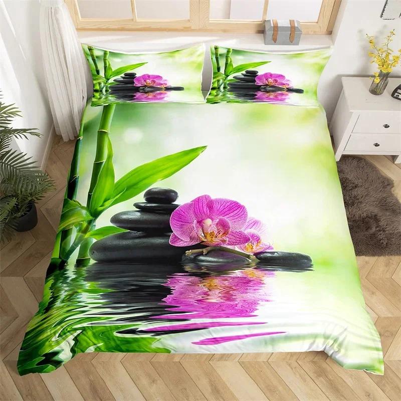 Zen Stones Duvet Cover Bamboo Phalaenopsis Bedding Set Meditation Quilt Cover Microfiber Tranquil Nature Artwork Bedspread Cover