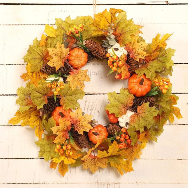 Harvest Wreath With Pumpkins Berries Vine Circle Halloween Thanksgiving Door Decor