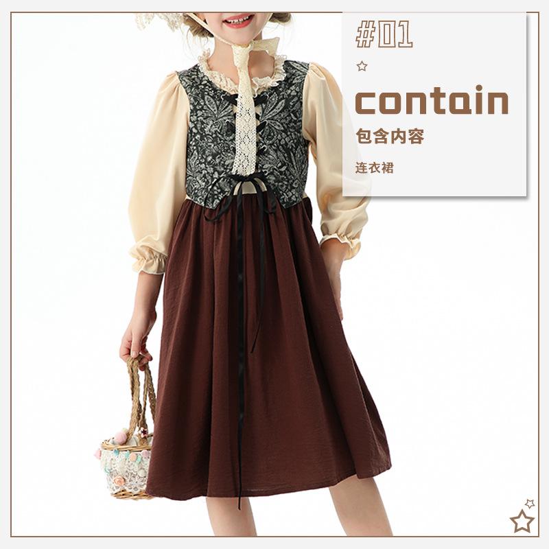 Halloween Children's Costume Ethnic Vintage Court Medieval Pastoral Farm Girl Princess Dress