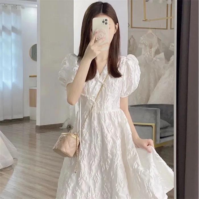 2024 French First Love Puff Sleeve White Dress - Summer Korean Style Slim Mid-Length Skirt for Female Students