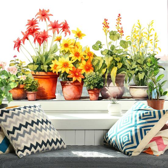 Potted Floral Plants Glass Sticker Removable Waterproof PVC Colorful Flower Static Glass Sticker Home Living Room Bedroom Decoration Decal