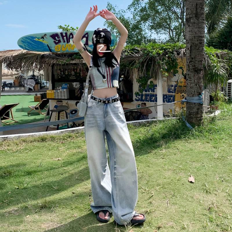 American Retro Washed Ripped Wide-Leg Jeans Large