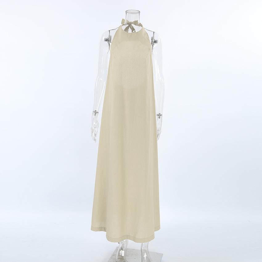 Khaki Hanging Neck Cotton Linen Dress, Loose Vest Skirt, Long Skirt For Women