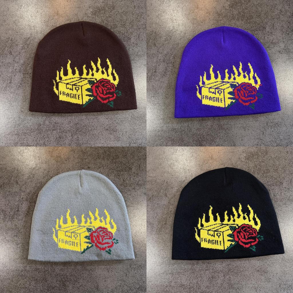 Knit Halloween Party Beanie With Flame Rose Pattern For Winter Outdoor Cycling