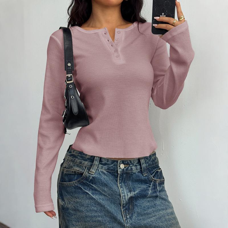 

2025 European & American Y2K Style Women s Slim Long Sleeve Button T-shirt for Spring & Autumn Fashion. L