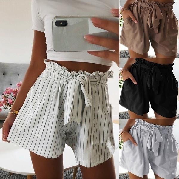 Women Summer Fashion Lace Up Short Pants Casual High Waist Pure Color Crepe Woven Tie Beach Shorts Pocket Cotton Short Pants