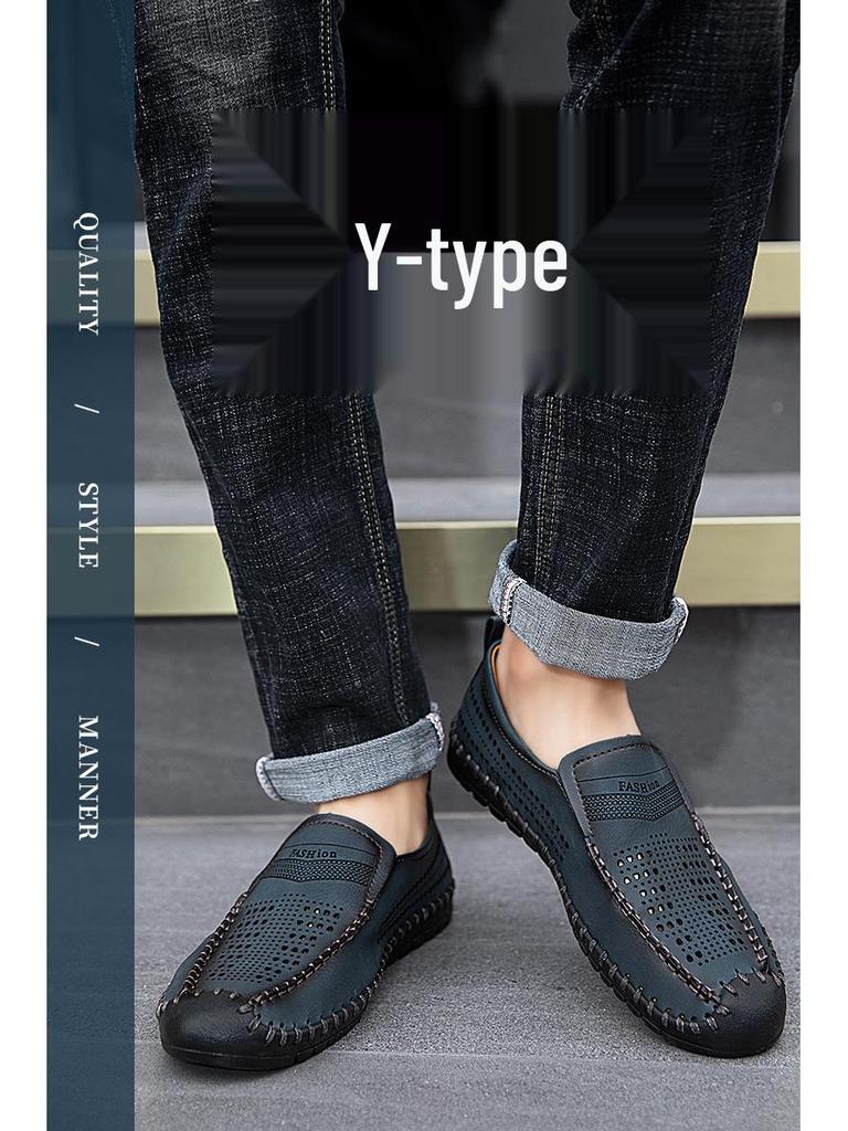 2025 Wiosna/Lato Męskie Ręcznie Robione Casualowe Mokasyny Plus Size z Wydrążonym Wzorem i Antypoślizgową Podeszwą