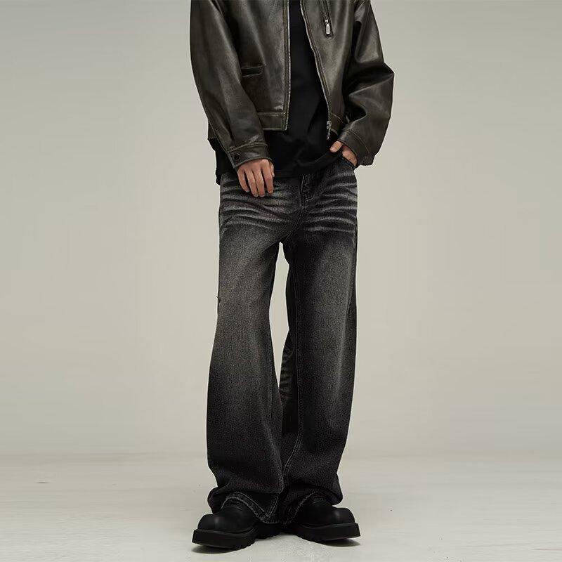 European, American high street washed old denim nine-point long pants men's spring and autumn trendy brand ruffian handsome loose wide-leg floor-moppi