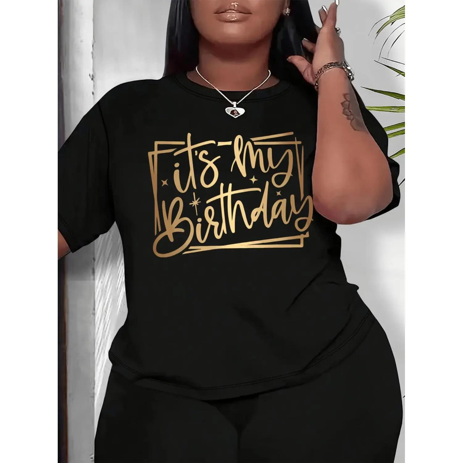 Plus Size Women s Casual Short Sleeve T-Shirt - Golden  It s My Birthday  Graphi S