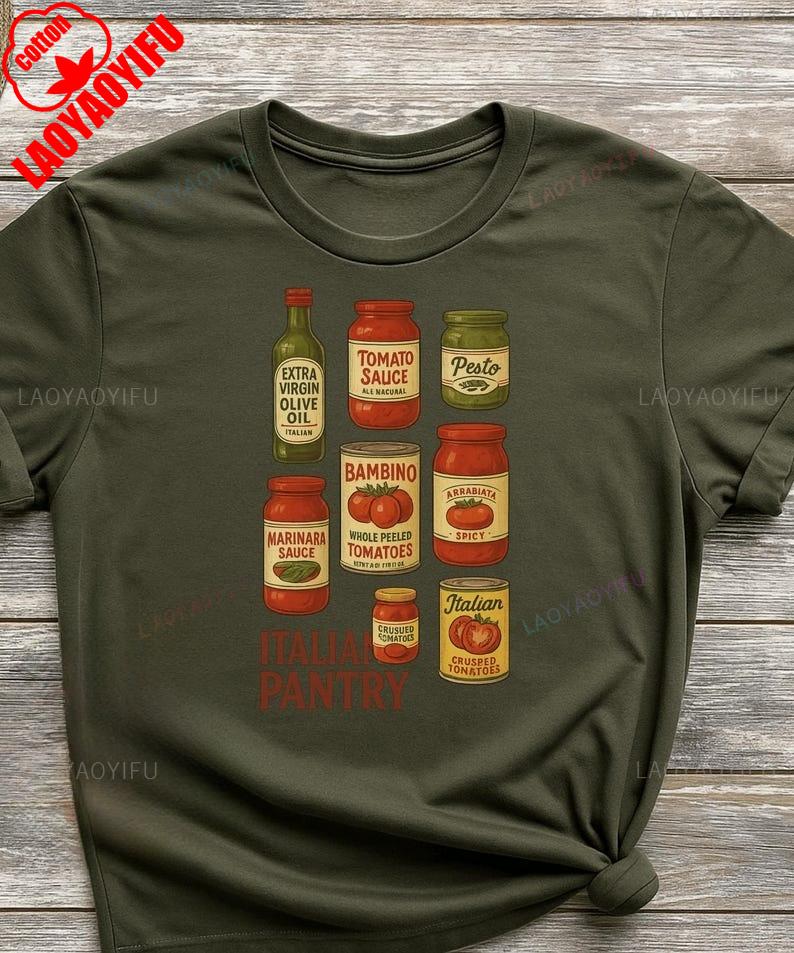 Mens Interesting Italian Vintage Pantry Food Gift New Summer Shortsleeved Roundneck Shirt Launched Cotton Printed Top Summer