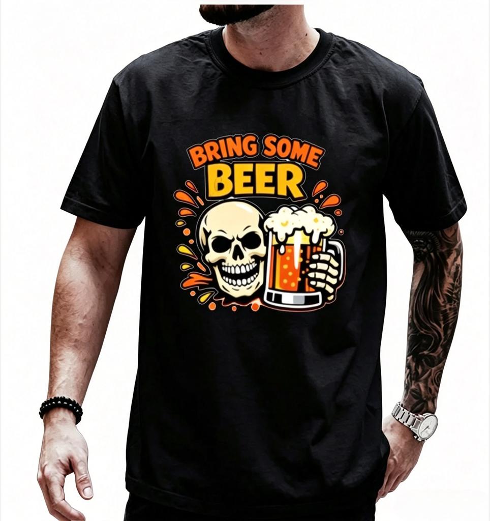 Vintage Skull Beer Print T Shirt Modal Breathable Fabric Bring Some Beer Letter Graphic Short Sleeve Unisex Funny Drinking Tee