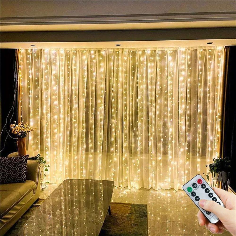 Lumini LED tip perdea cu USB, inclusiv telecomandă, 8 moduri de iluminare, decorațiune nuntă, casă, dormitor, ghirlandă luminoasă de Crăciun