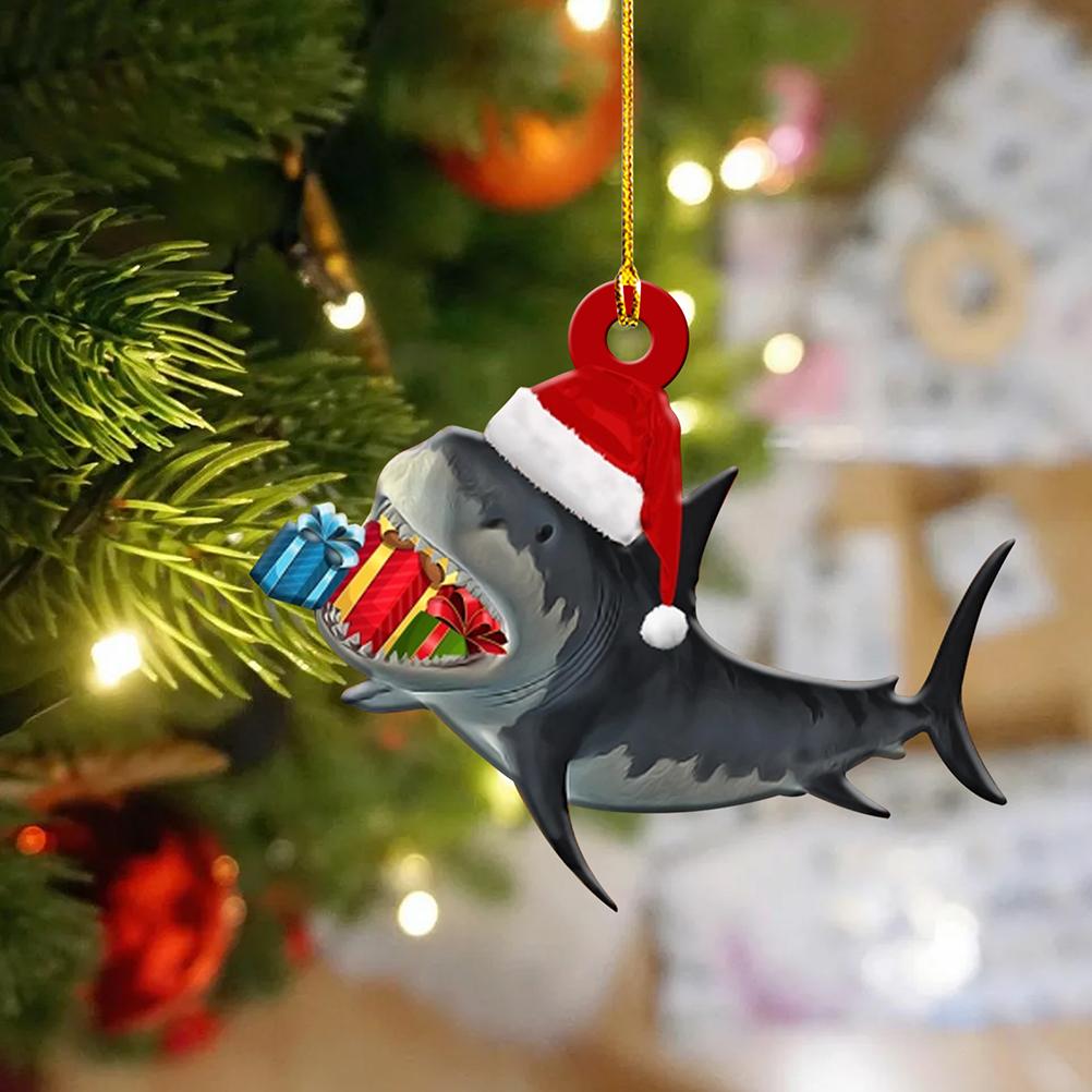 4Pcs Merry Christmas Wooden Pendant Christmas Tree Shark Pendant for Christmas Party Window Table