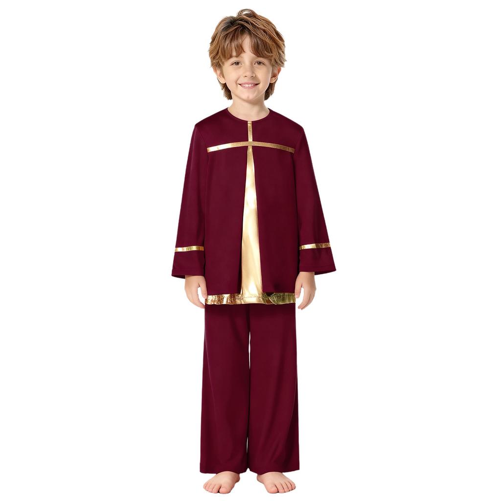 Kids Boys Church Performance Set: Long Sleeve Metallic Patchwork Top & Wide-Leg Pants with Elastic Waistband for Praise Dance