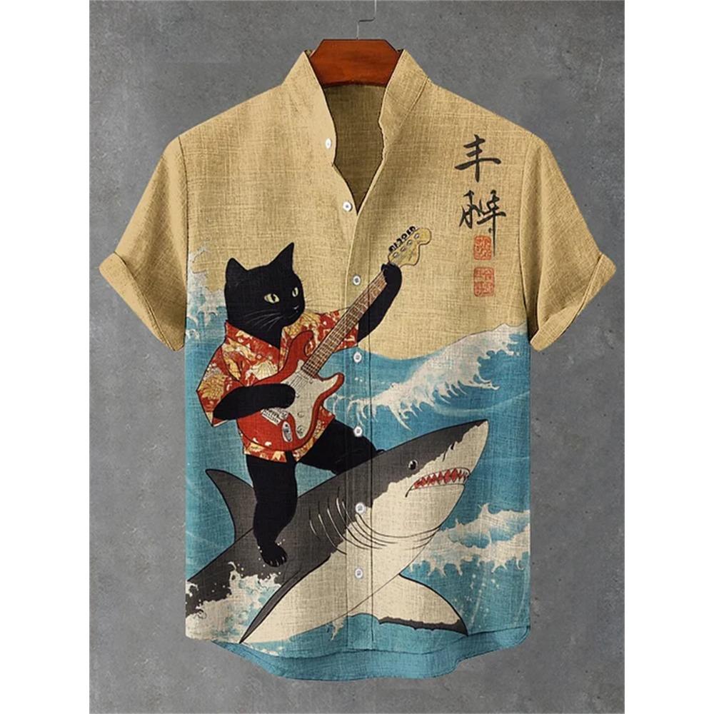 Men's Short-sleeved Shirt with Cat and Dinosaur Print, Casual and Stylish Vacation-style Men's Top, Fashionable Hawaiian Design.