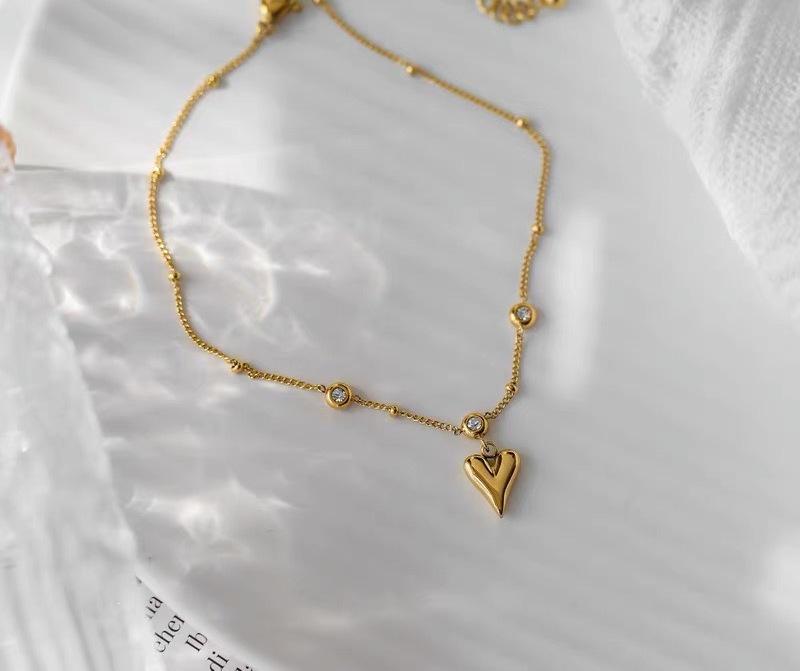 18K Goudkleurig Hart Strass Enkelbandje: Trendy Titanium Staal Sieraden voor Vrouwen