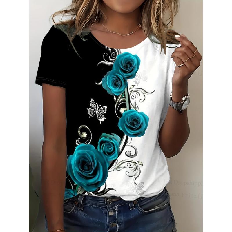 Sommar Rundhalsad 3D Rosmönstrad Topp Trendiga Casual Kortärmade T-shirts för Kvinnor