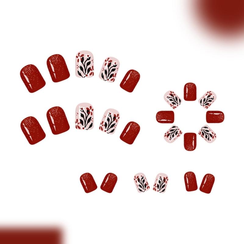 Fall Winter Red Brown Press On Nail Easy To Apply Reusable Artificial Fake Nail Comfortable For Daily Party Wedding