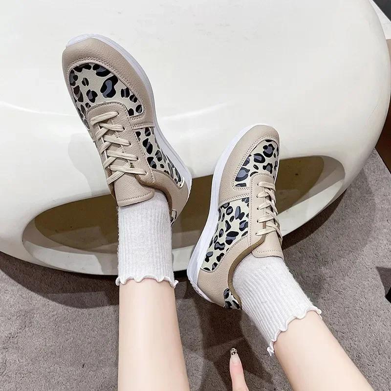 Ladies' Spring Fashion Leopard Print New Casual Single Shoe with Soft Sole and Lace Up Outdoor Hiking Breathable Sneakers Shoes