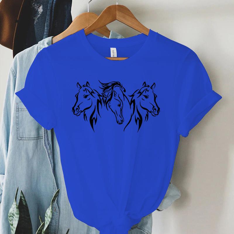 Harajuku Mode T-Shirt Druck Weiß Schwarz Pferd Grafik Damen T-Shirt Kurzarm Weiblich Sommer Pferd Lässig Locker T-Shirt