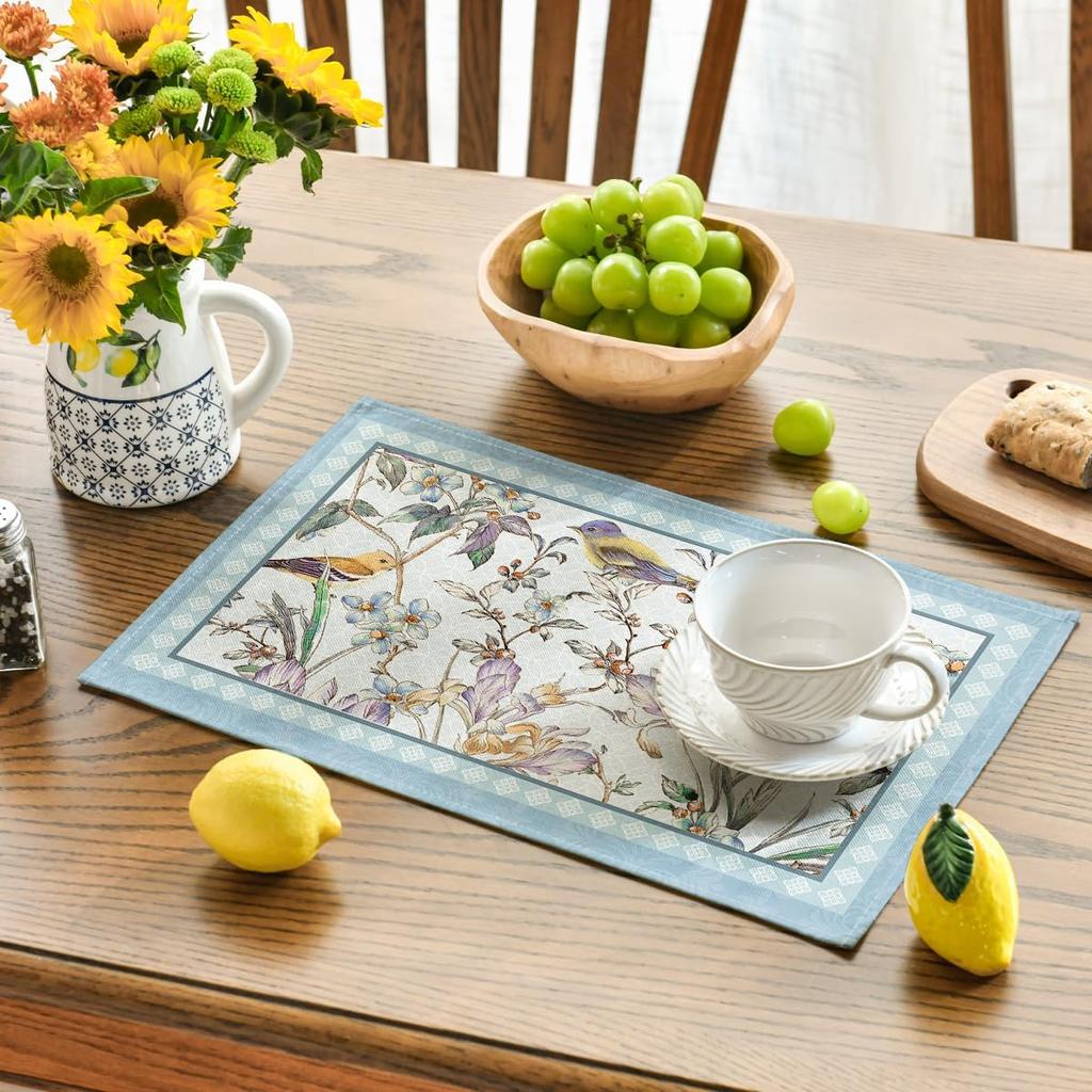 Set di 4 Sottopiatti Uccelli Blu Fiori in Fiore, 30x45 cm Tappetini da Tavola per Runner da Tavola Festa Cucina Sala da Pranzo Decorazione