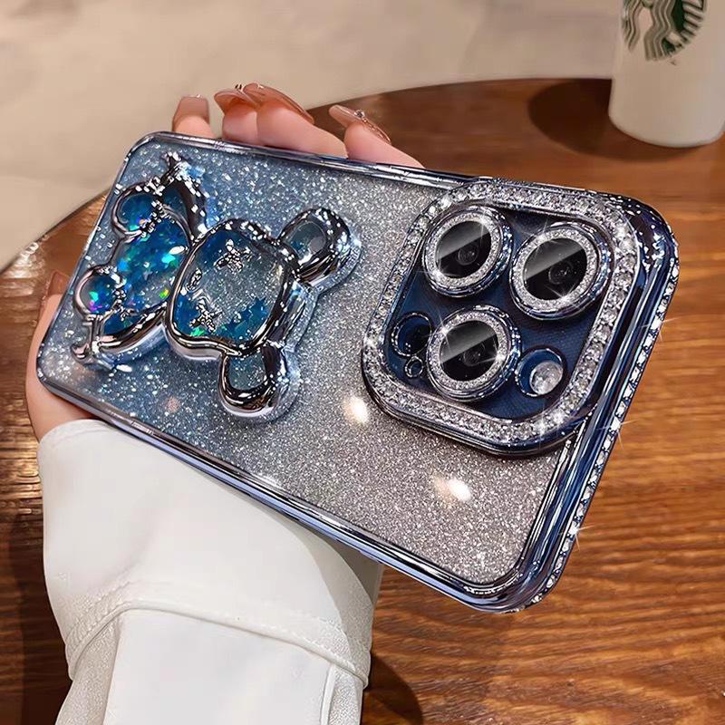 Quicksand Violent Bear Applies To Apple 17 Mobile Phone Case Electroplated Rhinestone iPhone16promax Lens Flash Drill Soft Case