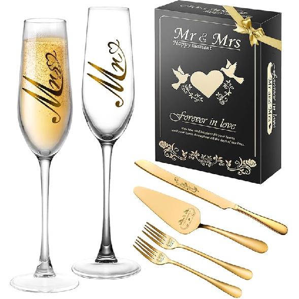 Mr and Mrs Champagne Flutes, Bride and Groom Champagne Glasses, Wedding Cake Knife and Server Set, Cake Cutting Set for Wedding, Bridal Shower Gifts, Set of 4