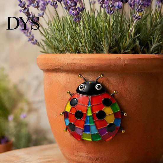 Outdoor Wall Art for Fence 2Pcs Colorful Acrylic Ladybug Stickers, Adhesive Insect Stained Glass Style Decor Cute Decoration Garden 2D Hanging