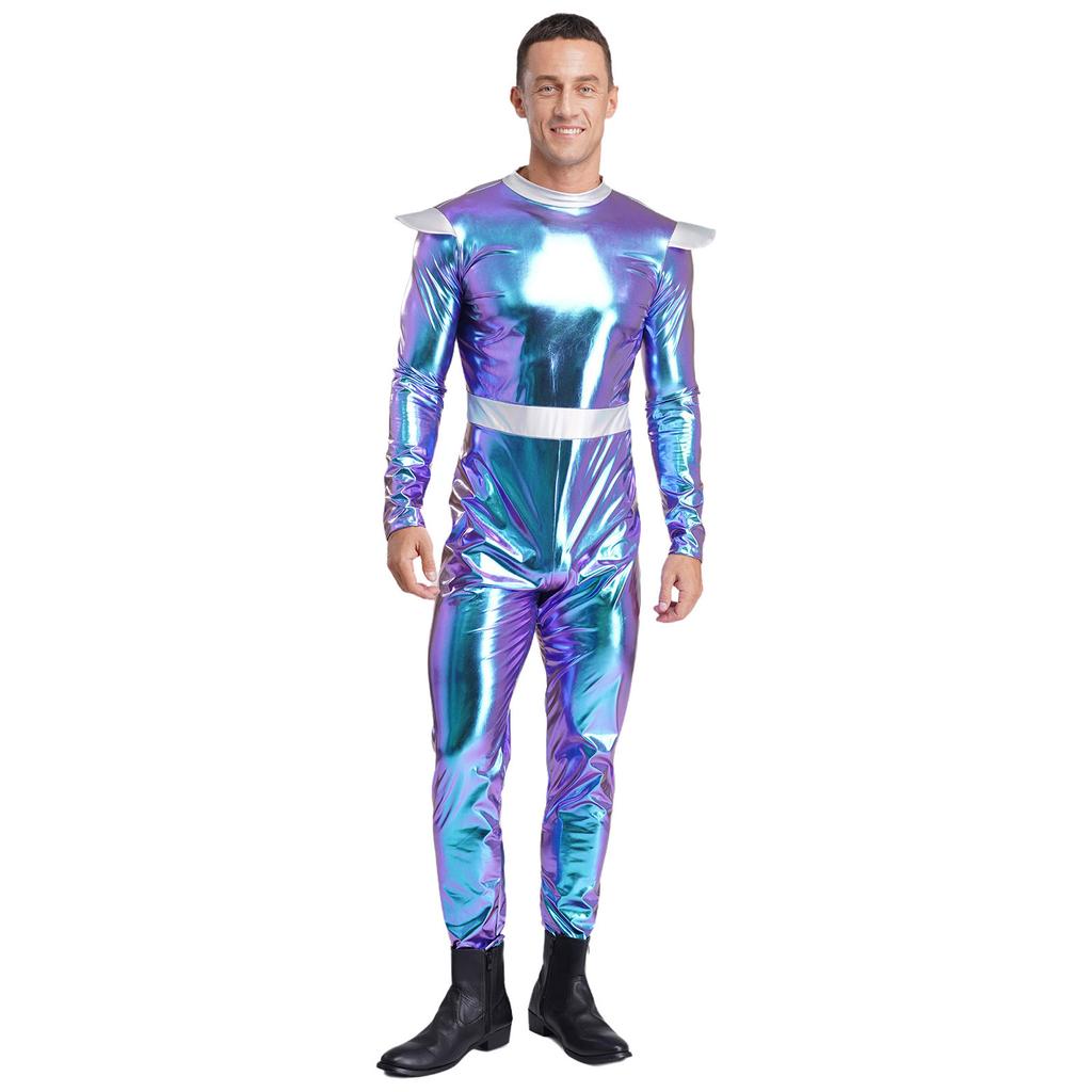 One-Piece Outer Space Costume for Men M-3XL: Easy Wear Long Sleeve Jumpsuit, Combines Cute & Robotic Styles for Photos