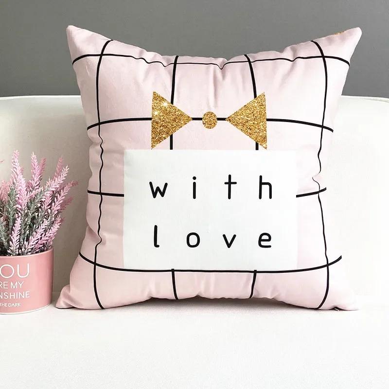 Nordic Pink Girls Geometry Polyester Plush Pillowcase Letters Pink Feather Super Soft Thick Sofa Pillow Cushion Cover Home Decor