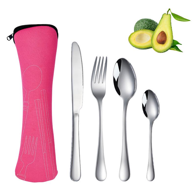 Stainless Steel Travel Cutlery Set: Knife, Fork, Spoon, Bottle Opener with Portable Storage Bag for Outdoor Camping