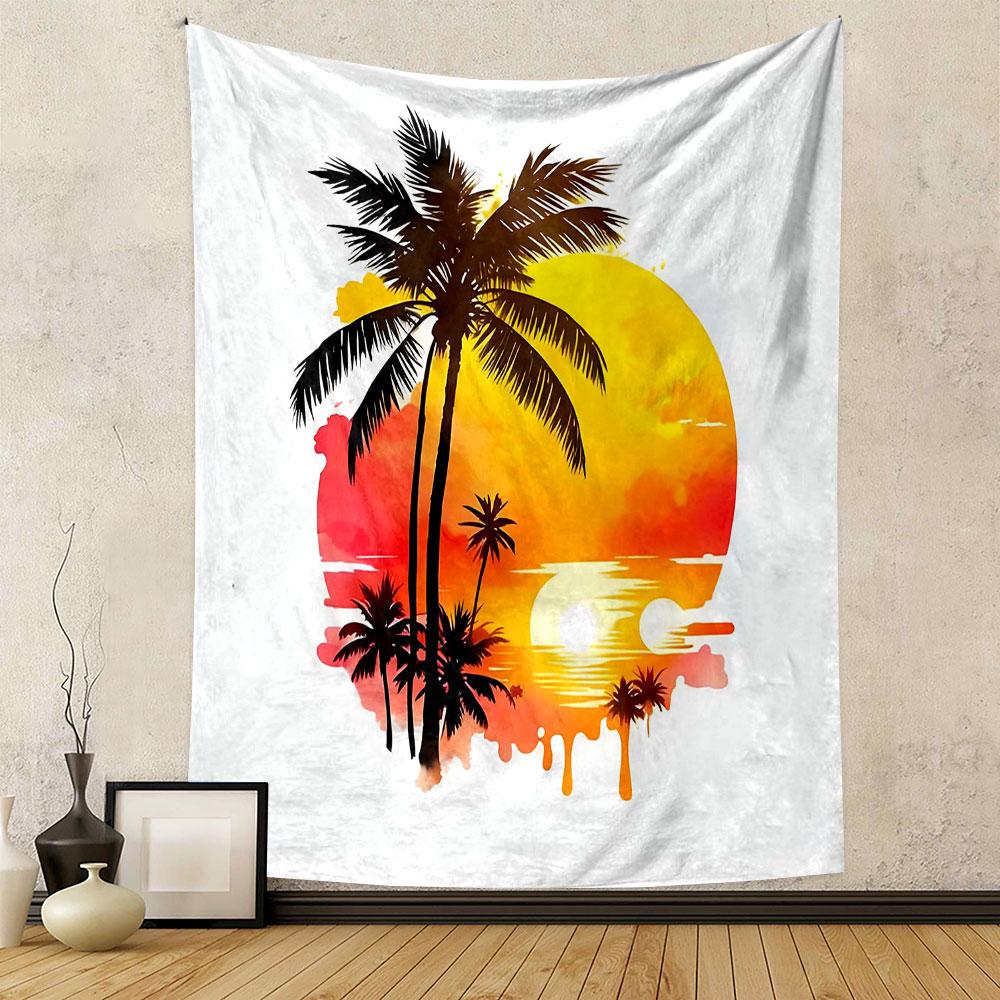 Tropical Sunset with Palm Trees Patterned Tapestry Decorative Wall Hanging, Home Bedroom Living Room Decor