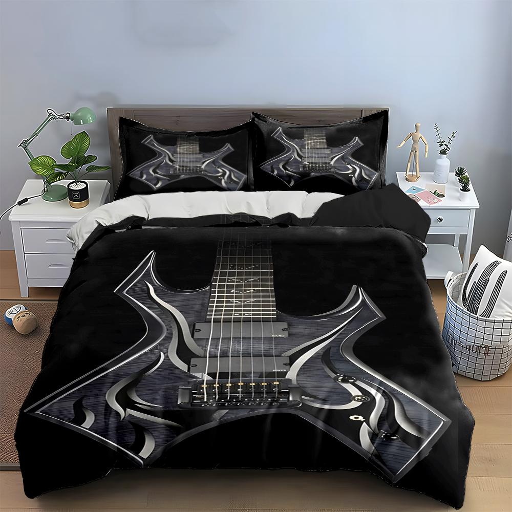 Electric Guitar Print Bed Set Black Style Bedding Set (1 Duvet Cover, 2 Pillowcases, Duvet Not Included)