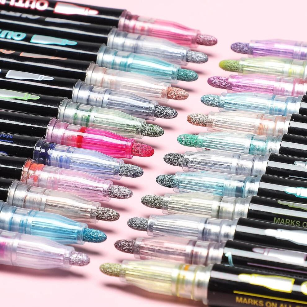 Dreamy Sparkle Dual-Line Contour Pen, 12 Colors Metallic Glitter Markers, 2mm Chisel Tip – Compatible with DIY Art, Scrapbooking, Cards