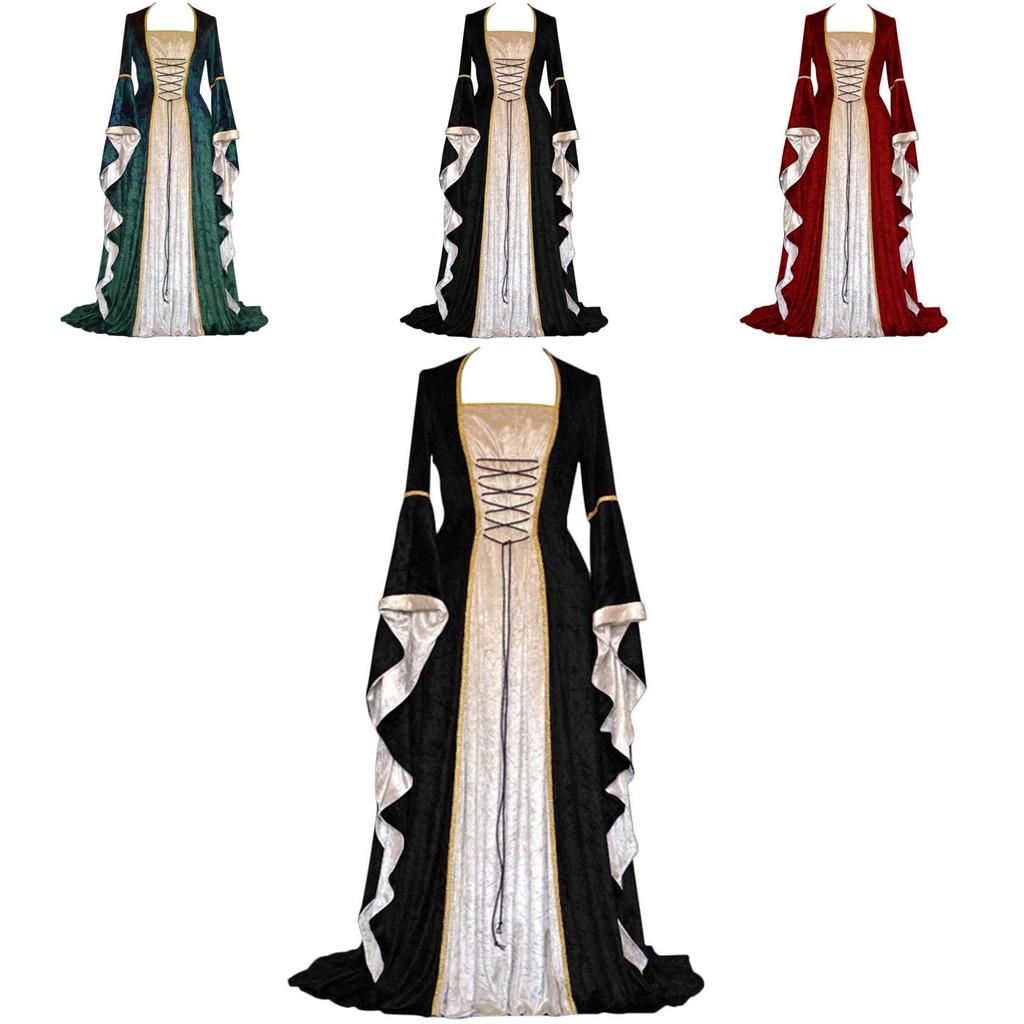 Exquisites Langarm-Bodenlanges Renaissance-Kleid mit Banddekoration für Cosplay