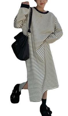 One Striped Loose Long Sleeves Size One's Women's Dress, Long, Cute, Fit, Fluffy, Slit, Casual, Fleece-Lined, (White, L)