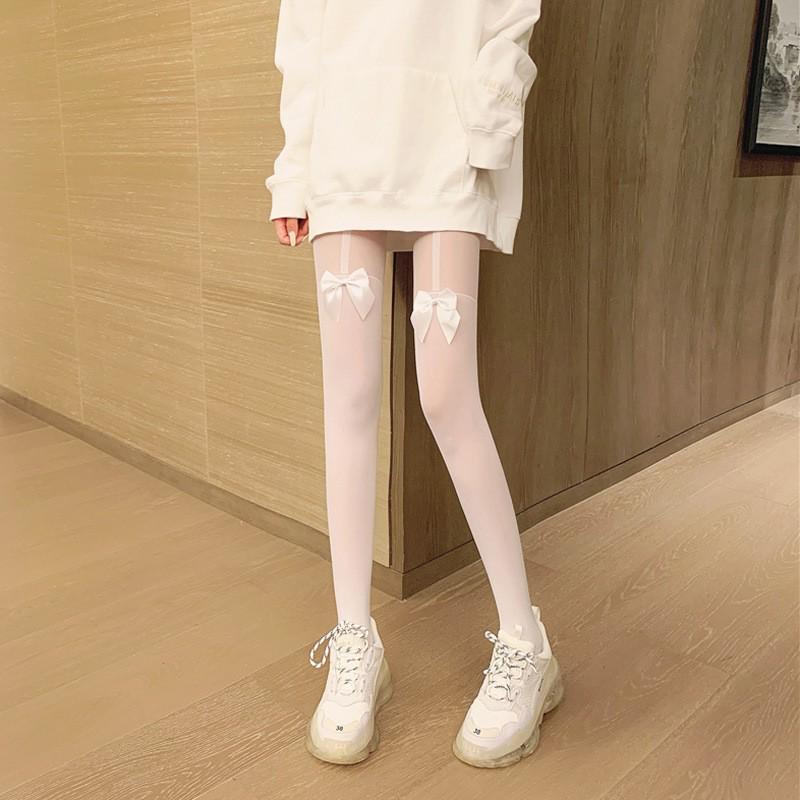Black Silk Bowknot Garter Thigh-High Stockings - One-Piece Pantyhose for Spring & Autumn