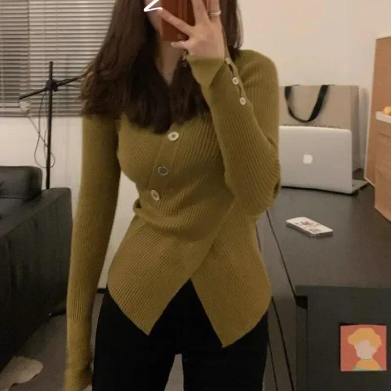 French Style Slim Fit Pullovers Knit Tops Solid Color V-neck Sweaters Autumn And Winter  Long Sleeve Women Clothes 29763