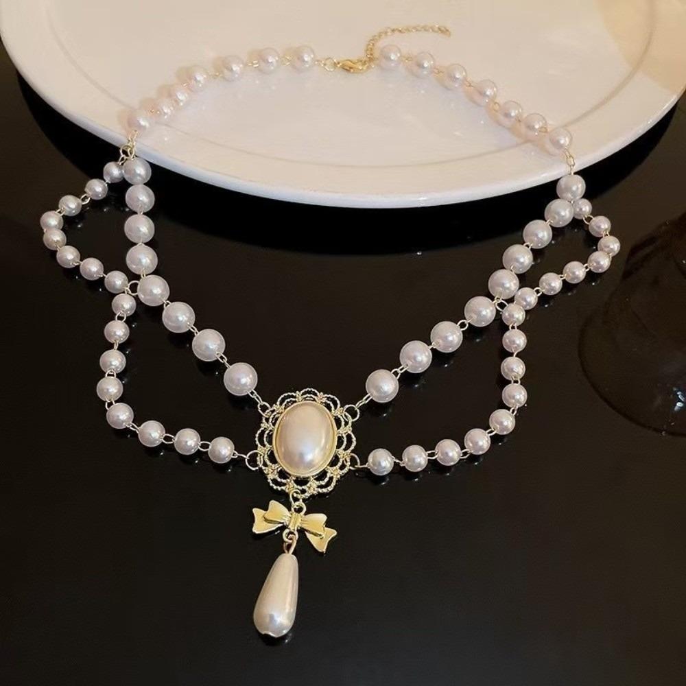 Palace Style Baroque Pearl Choker Necklace Bowknot Pendant Bridal Jewelry Accessories  Jewelry