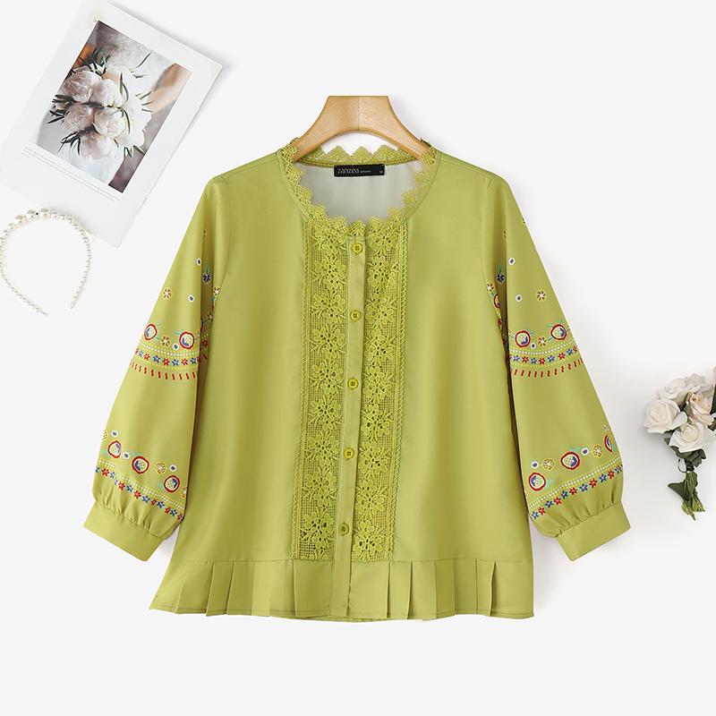 

ZANZEA Женская повседневная блузка с кружевной вставкой, круглым вырезом, рукавом 3/4 и свободным принтом XL