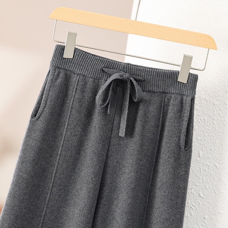 New White Wide-Leg Knitted Pants with Drawstring - Loose, Thickened, Plus Size for Autumn & Winter Casual Wear