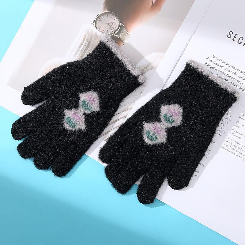 Ladies' thermal gloves, cold-proof in autumn and winter, thickened knitted wool, flowers, tulips, riding fingers