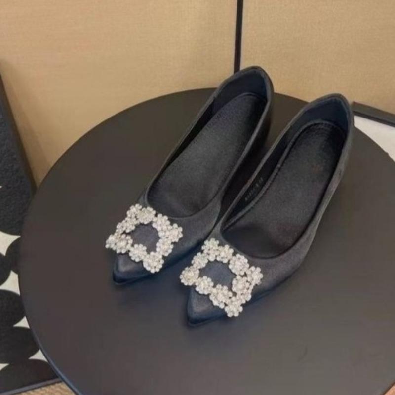Fashion Women's Fashion Pointed Toe Shallow Slip Rhinestone Square Buckle Soft Sole Non-Slip Flat Inside Heightening Single Shoes
