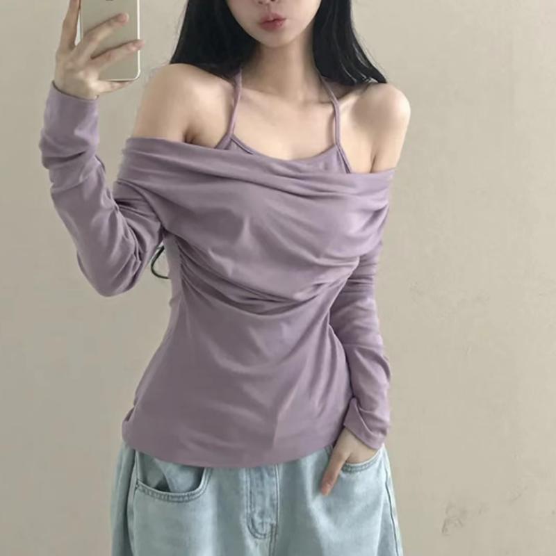 Herbst Französische Mode Retro Sexy Oberteile Damen Elegant Schlank Fake Zweiteiler T-Shirt Streetwear Neues Design Schick Hübsche Kleidung 2026