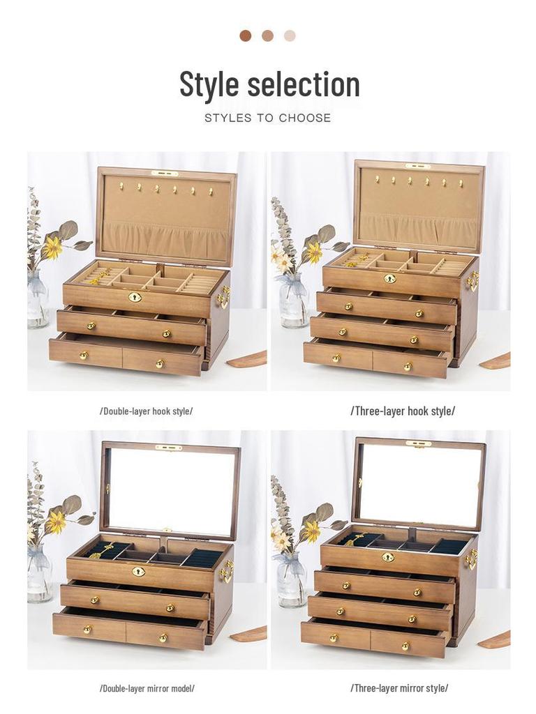 Mid-Century Solid Wood Jewelry Box with Lock: Multi-Layer Storage and Velvet Interior