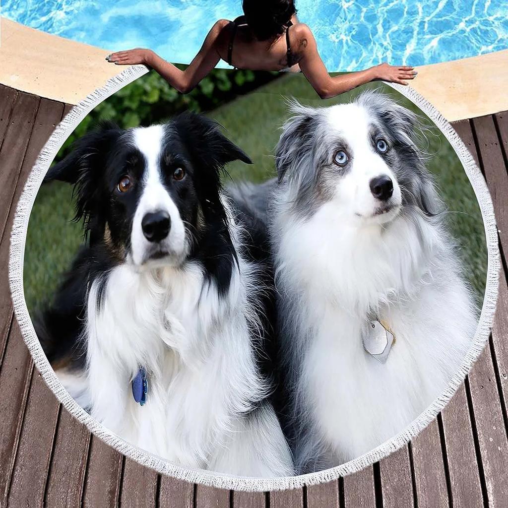 Border Collie Round Beach Towels,Dog Greeting Its Owner Among Flowers Sand Free Absorbent Beach Blanket Bath Towels Picnic Mat